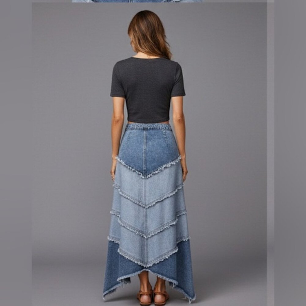 Long Denim Patchwork Skirt - Picture 2 of 8